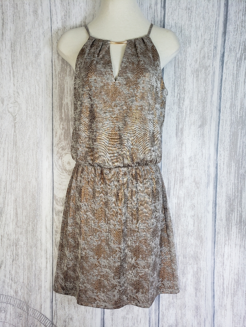 White House Black Market high-neck snake print mini dress Tie Belt XS  Lined New